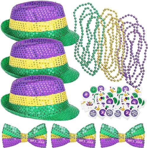 sodeber Karnevalskostüm-Zubehör für Karneval, Feier, Pailletten, Fedora-Hut, Perlen-Halskette, Fliege, FatTuesday von sodeber