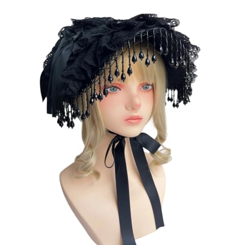 sodeber Punk-Spitzenhut, Anime-Dienstmädchen-Kopfschmuck mit verstellbaren Krawatten, schwarze Quasten, für Rollenspiele von sodeber