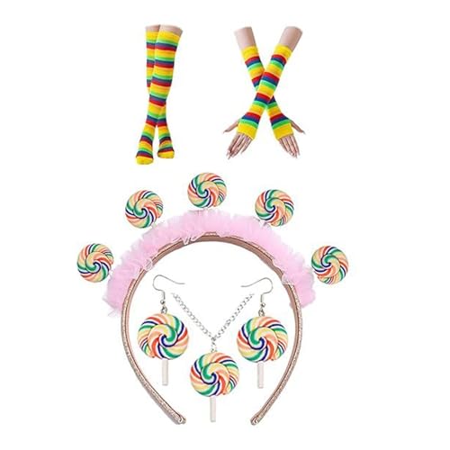 sodeber Süßes Kostüm-Zubehör-Set, Lutscher, Stirnband, Regenbogenfarben, kniehohe Socken, Süßigkeiten, Weihnachtsoutfits für Geburtstagsfeiern sodeber Süßes Kostüm-Zubehör-Set, Lutscher, Stirnband, Regenbogenfarben, kniehohe Socken, Süßigkeiten, Weihnachtsoutfits für Geburtstagsfeiern von sodeber