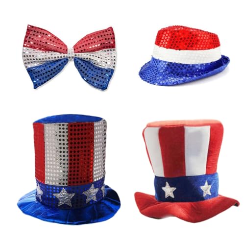sodeber US-Flaggen-Hut mit Pailletten-Fliege, Vintage, flaches Oberteil, Weihnachten, Cosplay, Show-Zubehör sodeber US-Flaggen-Hut mit Pailletten-Fliege, Vintage, flaches Oberteil, Weihnachten, Cosplay, Show-Zubehör von sodeber