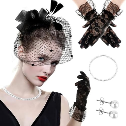 sodeber Vintage-Fascinator-Kopfbedeckungs-Set, gefiederte Blume, Haarspange, Spitzen-Handschuhe, Cocktail-Party, Kostüm für 1920er Jahre sodeber Vintage-Fascinator-Kopfbedeckungs-Set, gefiederte Blume, Haarspange, Spitzen-Handschuhe, Cocktail-Party, Kostüm für 1920er Jahre von sodeber