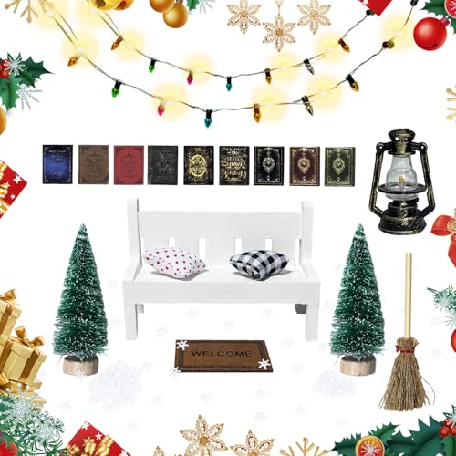 16 Stück Mini Puppenhaus Zubehör Weihnachten, Miniatur Wichtel Zubehör mit 50cm LED Bunte Lichter, Weihnachtsbäume, Bücher, Mini-Holzhocker, Teppiche, Öllampen, Besen, Weihnachtsdekoration, Kindergesc 16 Stück Mini Puppenhaus Zubehör Weihnachten, Miniatur Wichtel Zubehör mit 50cm LED Bunte Lichter, Weihnachtsbäume, Bücher, Mini-Holzhocker, Teppiche, Öllampen, Besen, Weihnachtsdekoration, Kindergesc von songyea