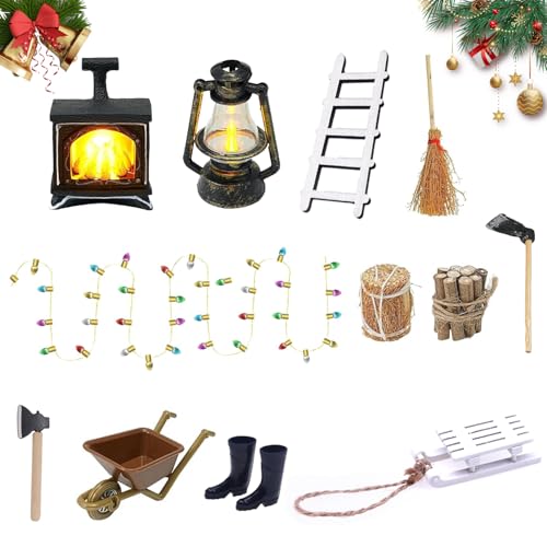 Puppenhaus Miniatur Zubehör Set, Wichtel Zubehör Weihnachten Möbel, Glühender Kamin, Petroleumlampe, Heuhaufen, Hacke, Gummistiefel, Karren, Besen, Brennholz, Licht für 1/12 Puppenhaus von songyea