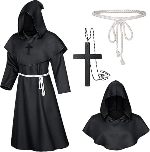 Robe Mönch Kostüm Herren mit Kapuze und Kreuz,Mönch Priester Kostüm Gewand,Mittelalter Renaissance Robe,Herren Cosplay Mönchskostüm,Halloween Kostüm Herren für Mottoparty,Halloween (Schwarz, L) von songyea