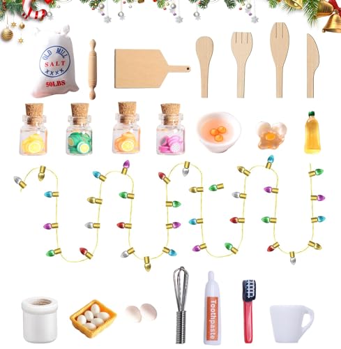 Wichtel Zubehör Weihnachten, 27pcs Miniatur Puppenhaus Zubehör Set, Backset+Waschset+Küchenzubehör+eine Schnur Weihnachtsbaumschmuck für 1/12 Puppenhaus von songyea