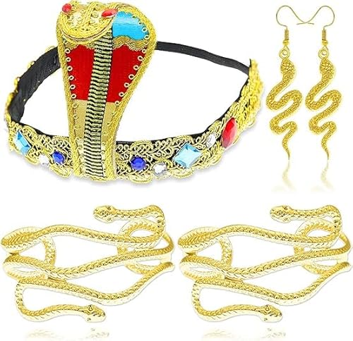 songyea 5 Stück Ägyptisches Kostüm Zubehör, Ägyptischer Kopfschmuck für den Karneval mit Metall Schlangenarm Manschetten, Schlangenohrringe, Schmuck für Frauen Vintage Faschingsparty Dekoration von songyea