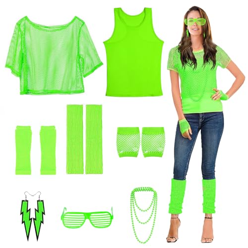 songyea 80er 90er Jahre Outfit Damen, Neon Kleidung Damen, Netzshirt, Tank top, Netzhandschuhe, Beinwärmer, Ohrring, Halskette, Brille, 80er Jahre Accessoires für Karneval Party(Grün,L) von songyea