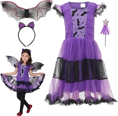 Mädchen Fledermaus Halloween Kostüm, Kinder Fledermaus Kleid mit Haareif, Fledermaus Kostüm Kinder,Lila Tutu Rock,Flügel und Zauberstab, Fledermaus Kostüm Mädchen für Halloween Karneval Cosplay Party von songyea