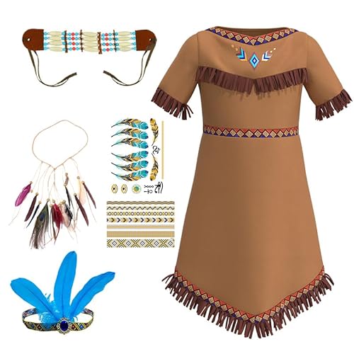 songyea Indianer Kostüm Kinder Mädchen, Fasching Kostüm mit Indianer Kopfschmuck Feder, Stirnband, Haarschmuck, Halskette, Tattoo für Karneval, Cosplay (Kinder, 120) von songyea