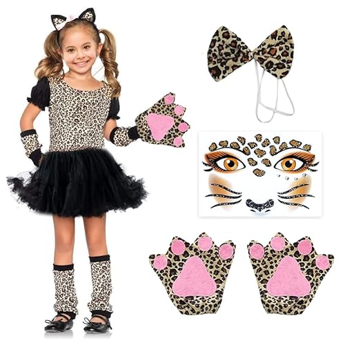 songyea Leopard Kostüm Kinder Mädchen Tierkostüme Cosplay Fasching Kaneval, Leoparden-kostüm, Katzenkostüm Kinder mit Glitzer Face Paint für Fasching, Karneval (Leopard, XL) von songyea