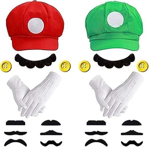 songyea Mütze rot und grün, Lustige Hut für Erwachsene, 22 Stück Fasching Kostüm Herren Set mit Handschuhen, Klebe-Bart, Knöpfe für Karneval Party Verkleidung von songyea