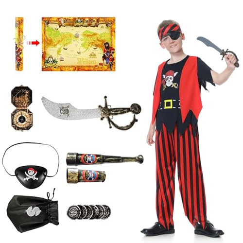 songyea Piraten Kostüm für Kinder, 10er Deluxe Karneval Kostüm Junge, Piraten Cosplay Dress Up Set, Piraten Zubehör Accessoires für Verkleidung Fasching, L (120-130) von songyea
