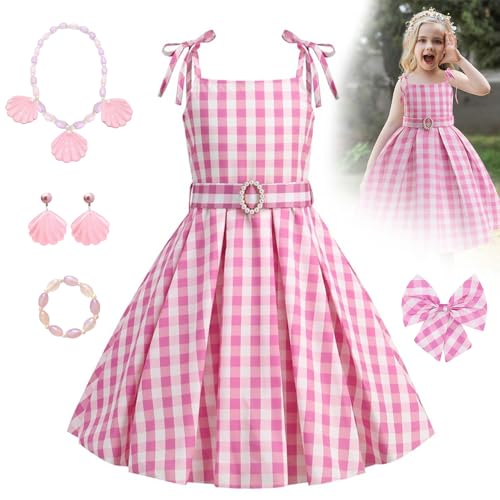 songyea Prinzessin Rosa Plaid Kostüm für Kinder, Mädchen Kleider Retro Outfits, Cosplay Kostüm Kinder, 90er-Jahre Rosa Kleid mit Gürtel, Kopfbedeckung und Halsketten, für Karneval Party (Rosa, 120) songyea Prinzessin Rosa Plaid Kostüm für Kinder, Mädchen Kleider Retro Outfits, Cosplay Kostüm Kinder, 90er-Jahre Rosa Kleid mit Gürtel, Kopfbedeckung und Halsketten, für Karneval Party (Rosa, 120) von songyea