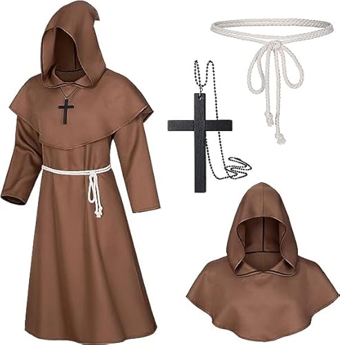 songyea Robe Mönch Kostüm Herren mit Kapuze und Kreuz,Mönch Priester Kostüm Gewand,Mittelalter Renaissance Robe,Herren Cosplay Mönchskostüm,Halloween Kostüm Herren für Mottoparty,Halloween (Braun, XL) von songyea