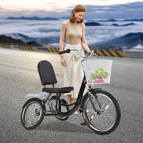 soudesileim 3 Rad Fahrrad Dreirad für Senioren 135x66x100cm, Höhenverstellbar, Verhindert Kippen, Senioren Dreirad mit Rückenlehne, Korb und Klingel, Lastenfahrrad Erwachsene (Schwarz) von soudesileim