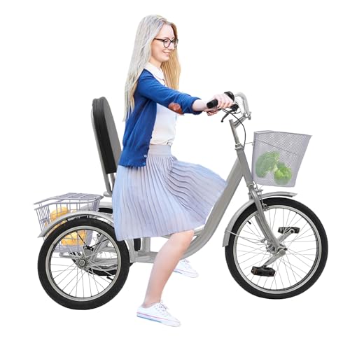 soudesileim 3 Rad Fahrrad Dreirad für Senioren 135x66x100cm, Höhenverstellbar, Verhindert Kippen, Senioren Dreirad mit Rückenlehne, Korb und Klingel, Lastenfahrrad Erwachsene (Silber) von soudesileim