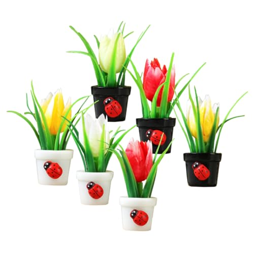 6 Stück Miniatur-Tulpen, künstliche Topfpflanzen, bezaubernde kleine Ornamente für Puppenhaus-Dekoration, 5 cm Harz-Bonsai für Zuhause und Büro von sporful