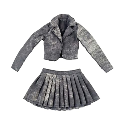 sporful Kurzjacke im Maßstab 1/6, Faltenrock-Set für weibliche Figur, modische Mini-Kleidung, Puppenmodell, Kleidung, Schwarz / Grau von sporful