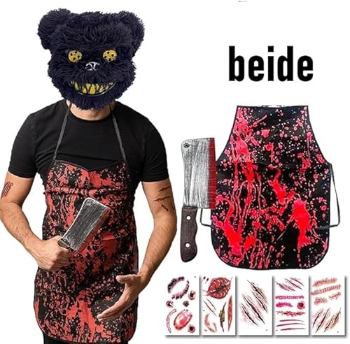 srclo Gruselige Bärenmaske, blutige Schürze, Spielzeug Küchenmesser, Tattoo Aufkleber, für Halloween Fasching Karneval, inkl. Tattoo Aufkleber,Horror-bär Kostüm, gruselige bärmaske (Set-Bär) von srclo