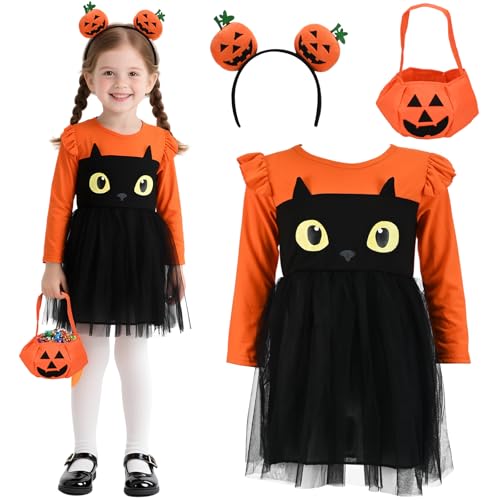 srclo Halloween-Kostüm für Mädchen, Kürbis-Kleid, Kürbis-Tutu-Kleid mit Stirnband, Süßigkeitentüte für Halloween, Karneval, Cosplay, Geburtstagsparty (4–5 Jahre) von srclo