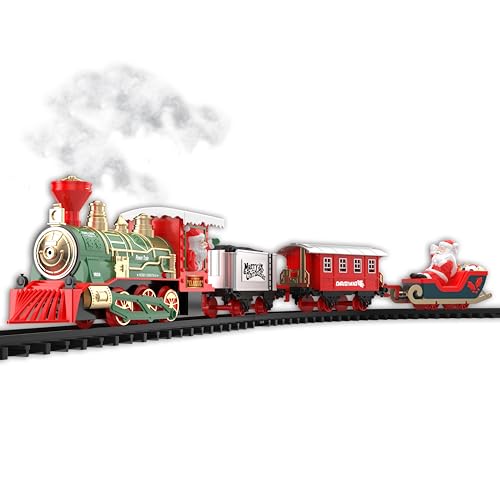 stargo Weihnachtseisenbahn-Set für unter den Weihnachtsbaum mit Lichtern, Musik mit An-/Aus-Schalter, Weihnachtsmannschlitten, Rauch, Gleisen – Perfekt für Jungen und Kleinkinder ab 3 Jahren von stargo