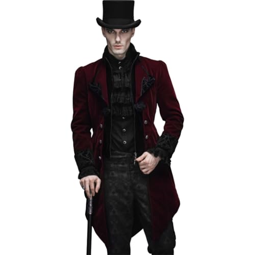 steel master Herren Gothic Samt Mantel Mittelalter viktorianischen Vampir Kostüm aufwendige Stickerei Metall Ornamente, Rot/Ausflug, einfarbig (Getaway Solids), M von steel master