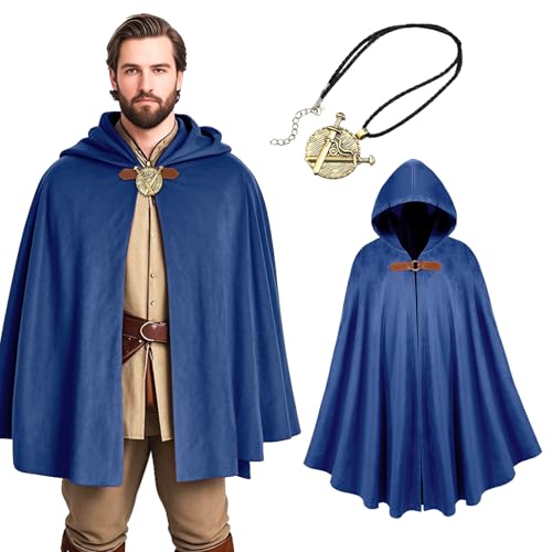 Renaissance-Umhang mit Kapuze, Retro, mittelalterlicher Wikingermantel mit Halskette, Halloween, Cosplay, Kostüm für Erwachsene, Blau, 100cm（39.4in） von stepsin