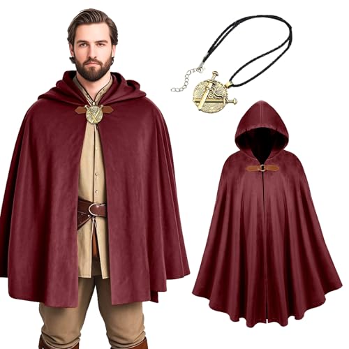 Renaissance-Umhang mit Kapuze, Retro, mittelalterlicher Wikingermantel mit Halskette, Halloween, Cosplay, Kostüm für Erwachsene, Rot/Ausflug, einfarbig (Getaway Solids), 100cm（39.4in） von stepsin