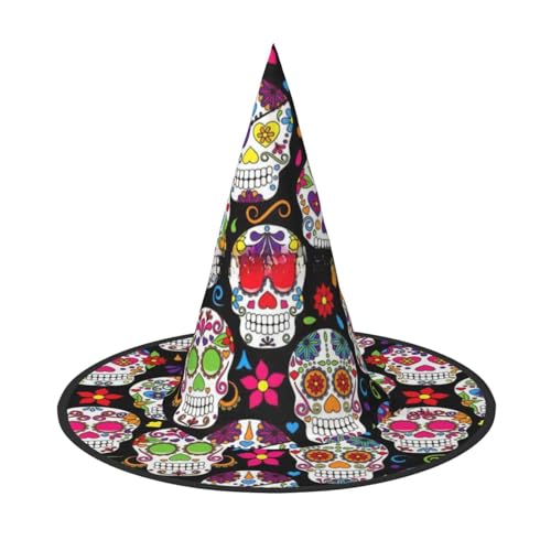 Halloween-Hexenhut mit buntem Blumenschädel-Druck, Oxford-Stoff, faltbar, für Party/Karneval/Maskerade Halloween-Hexenhut mit buntem Blumenschädel-Druck, Oxford-Stoff, faltbar, für Party/Karneval/Maskerade von sttung
