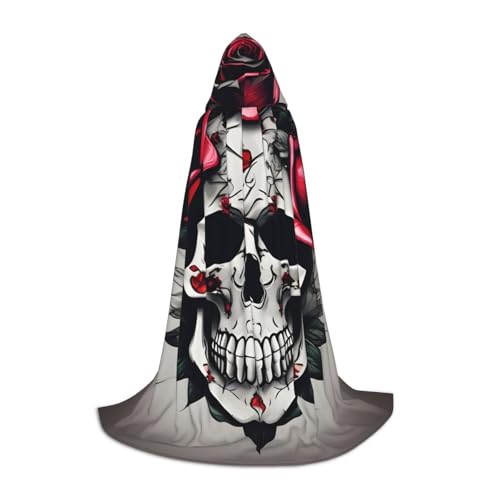 sttung Roter Rosen-Totenkopf-Druck, Kapuzenumhang mit vollem Druck, ohne Reißverschluss + Fliege, Halloween/Cosplay/Comic Con sttung Roter Rosen-Totenkopf-Druck, Kapuzenumhang mit vollem Druck, ohne Reißverschluss + Fliege, Halloween/Cosplay/Comic Con von sttung