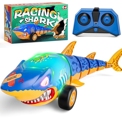 RC Haiauto Spielzeug für Kinder, 2,4 GHz Fernlenkauto mit schwingendem Schwanz & LED-Lichtern, Ferngesteuertes Auto für 3 4 5 6 Jährige - Coole Geschenkidee für Jungen und Mädchen von suangrc