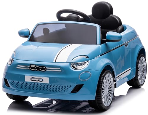 FIAT 500 Kinder Elektroauto, Elektro Kinderauto im Alter von 3 Jahren, Motorleistung 2x30W, Lenkrad mit Sound, Sicherheitsgurte (Blau) von sun baby