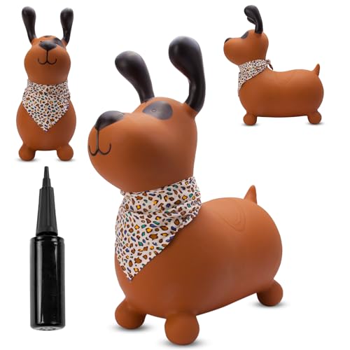 sun baby Hüpftiere ab 1 Jahr mit Pumpe aufblasbares Hüpfspielzeug aus Hochwertigem und Strapazierfähigem Gummi, Verschiedene Designs (Brauner Hund mit Bandana) von sun baby