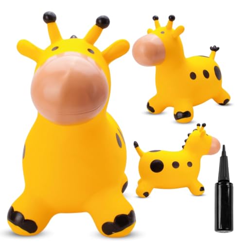 sun baby Hüpftiere ab 1 Jahr mit Pumpe aufblasbares Hüpfspielzeug aus Hochwertigem und Strapazierfähigem Gummi, Verschiedene Designs (Gelbe Giraffe) von sun baby