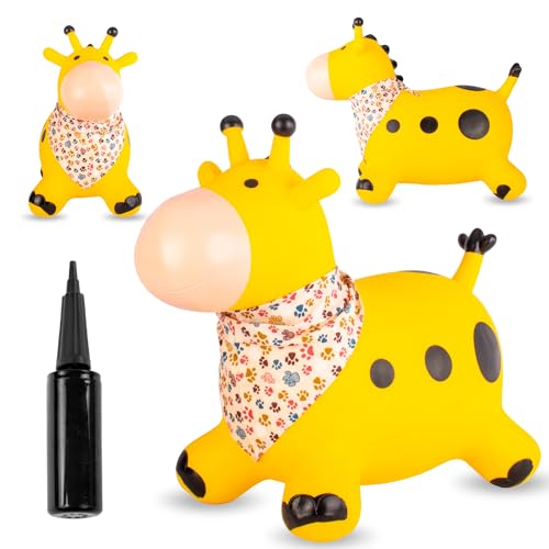 sun baby Hüpftiere ab 1 Jahr mit Pumpe aufblasbares Hüpfspielzeug aus Hochwertigem und Strapazierfähigem Gummi, Verschiedene Designs (Gelbe Giraffe) von sun baby