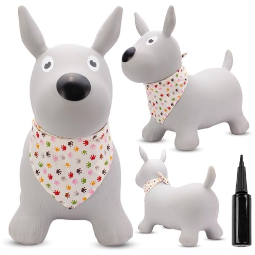 sun baby Hüpftiere ab 1 Jahr mit Pumpe aufblasbares Hüpfspielzeug aus Hochwertigem und Strapazierfähigem Gummi, Verschiedene Designs (Grauer Hund mit Bandana) von sun baby