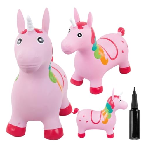 sun baby Hüpftiere ab 1 Jahr mit Pumpe aufblasbares Hüpfspielzeug aus Hochwertigem und Strapazierfähigem Gummi, Verschiedene Designs (Rosa Einhorn mit Weißem Horn) von sun baby