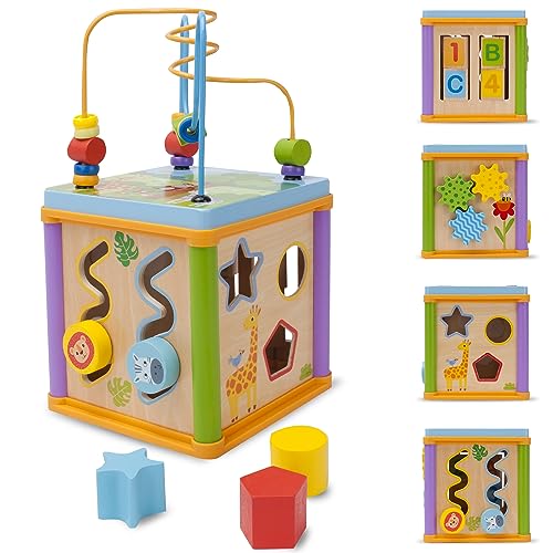 Motorikwürfel Multifunktions Aktivitätswürfel Perlenlabyrinth Holzspielzeug Montessori Formensortier Formen (Safari) von sun baby