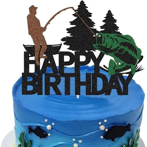 Fischmotiv Kuchendekoration 'Happy Birthday' - Schwarzer Kuchen Topper für Angler, Naturliebhaber und Geburtstagsfeiern mit Angelparty-Deko, wiederverwendbar & umweltfreundlich von sundrerfect