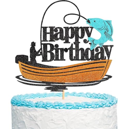 Fishing Cake Topper "Happy Birthday" – Angler Motiv Kuchendekoration für Jungen & Mädchen, Geburtstagsdeko mit Fischdesign, Outdoor-Party, Natur-Themenfest von sundrerfect