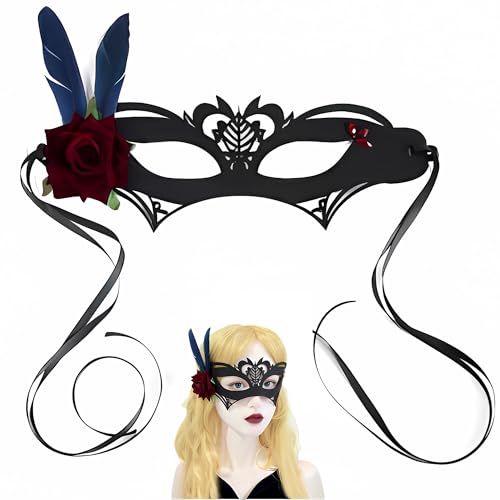 syiyunran Damen Maskenball Maske - 1 Stück, Schwarz, Filz Kostüm Masquerade Mask, mit Roten Blumen, Mardi Gras Party Prom Masken, Geeignet für Partys, Tänze, Versammlungen, Shows usw von syiyunran