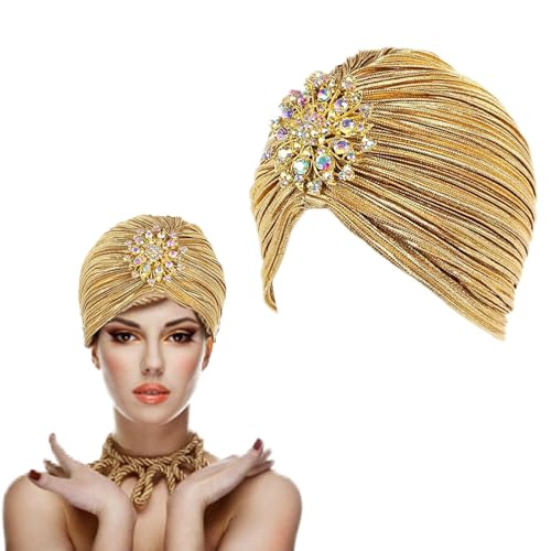 sylbx Vintage turban mütze,Party Turbanhut,Indischer Turbanhut,Glitzer-Turban-Mütze,Falten-Turban-Mütze,Mit abnehmbarer Kristallbrosche,Perfekt für Karneval und andere Mottopartys von sylbx