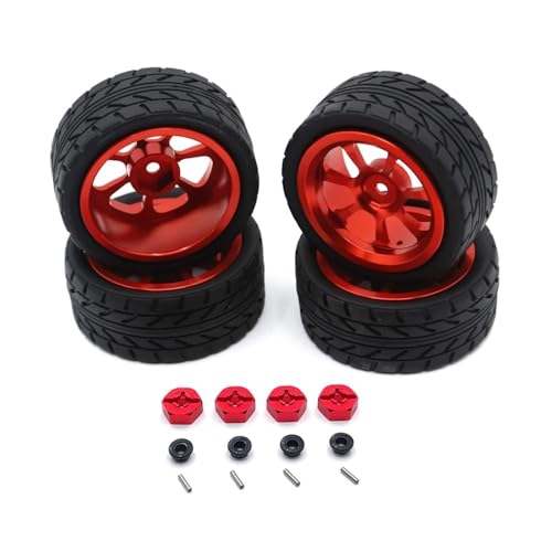 tKLNvZ Kompatibel mit 144001 144010 124007 124016 124019 A959 A959-B, 4 Stück, 65 mm Gummireifen, Metallfelge, 12 mm Sechskant, for RC-Auto-Upgrade-Teile(Red) von tKLNvZ