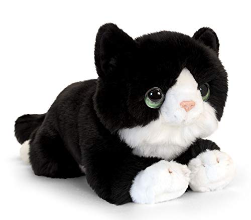 tachi Stofftier Katze schwarz, Große Kuscheltier Mieze liegend, Flauschiges Plüschtier 32 cm von tachi