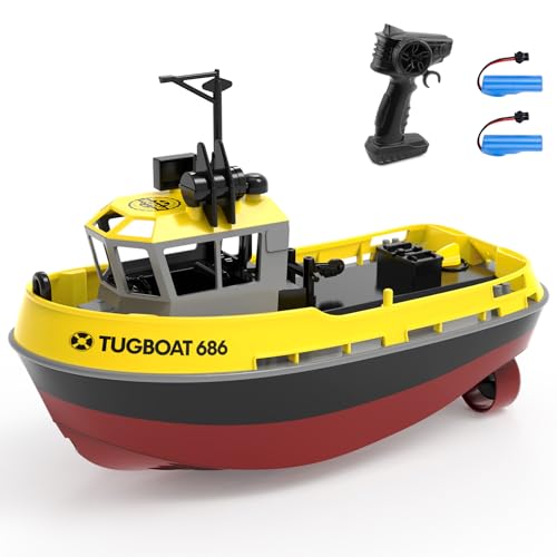 tech rc 1:72 Ferngesteuertes Boot mit 2 Akku(3.7V 600mAh), 2.4Ghz Rc Boot 10km/h 40Mins Laufzeit, Tugboat mit dekorativen Teilen für Kinder für Schwimmbäder und Seen (Gelb) von tech rc