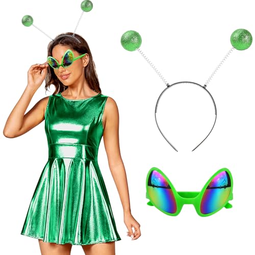 techcity Damen Metallic Glänzendes Kleid Sparkle Ausgestelltes Plissee Minikleid mit Brille Club Party Disco Tanzkostüm, Grün-Alien, M von techcity