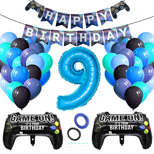 Luftballons Geburtstagsdeko Kinder 9 Jahre, Techextra Videospiel Game Party Geburtstag Dekoration Zubehör Set mit Happy Birthday Banner für 9. Jahr Jungen Ballon Geburstag Deko Junge von techextra