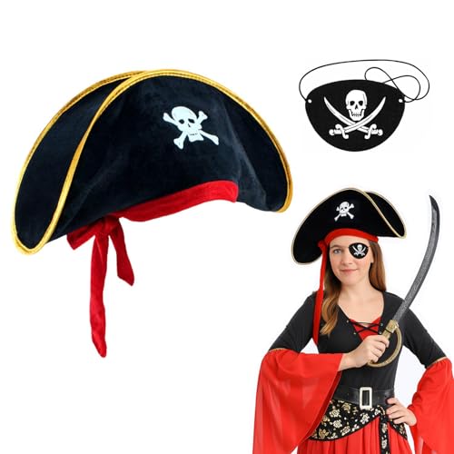 technodry Piratenhut und Augenklappe Set - Kapitän Kostüm Kappe mit Verkleidung Piraten Zubehör für Halloween, Maskerade, Rollenspiel, Cosplay - Schwarzer Freibeuterhut für Kinder & Erwachsene Party von technodry