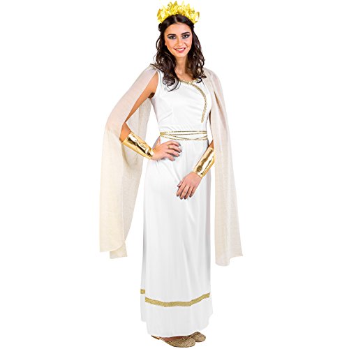 dressforfun Frauenkostüm griechische Göttin Olympia | Langes, edles Kleid mit Pailletten-Verzierungen | goldfarbene Flügelärmel | Armmanschetten & Kopfschmuck (M | Nr. 300199) von tectake