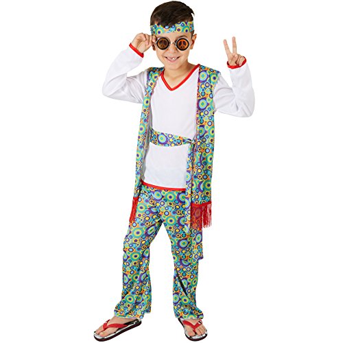 dressforfun Jungenkostüm Hippieboy | Coole, fetzige Weste mit Hippiemuster | Farbenfrohe Schlaghose auch mit Hippiemuster | Inkl. Haarband und Bindegürtel (3-4 Jahre) von tectake